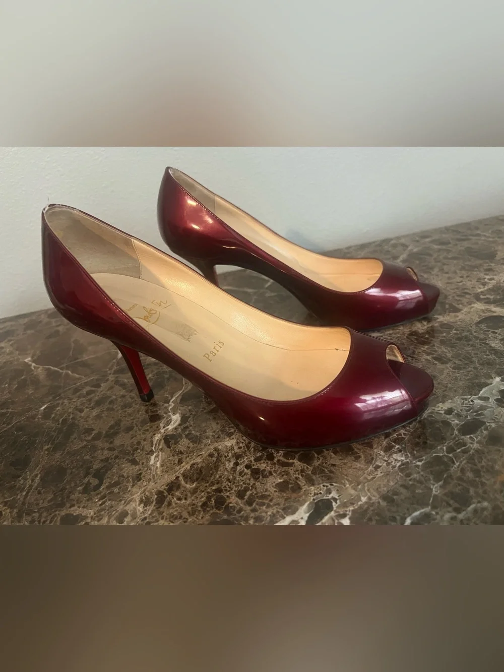 Christian Louboutin Shimmering Burgundy Patent Leather Prive 70mm Platform Pumps